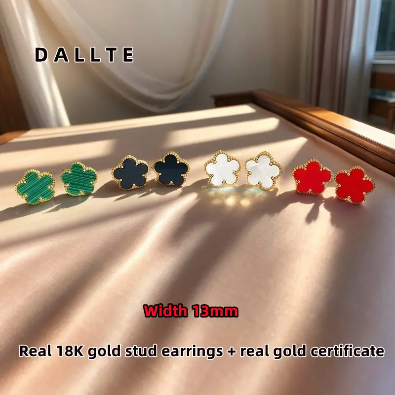 DALLET Real 18K Gold Earrings 13mm Women's Five-leaf Petals Natural Malachite Fashion Classic Jewelry High Quality Clover AU750