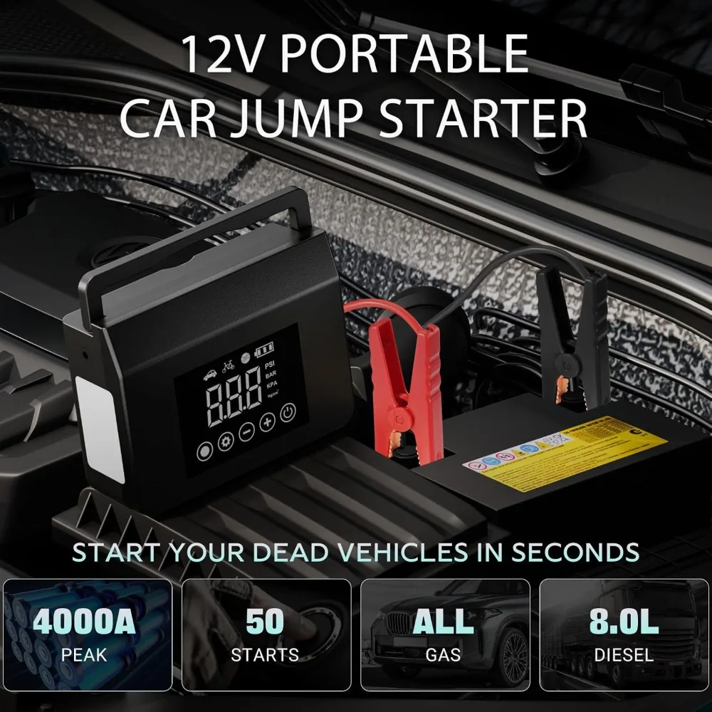 7.0L Vehicles-4000A Jump Starter Air Compressor 12V Portable Car Battery Charger 150PSI Tire Inflator 15000mAh Power Bank LED