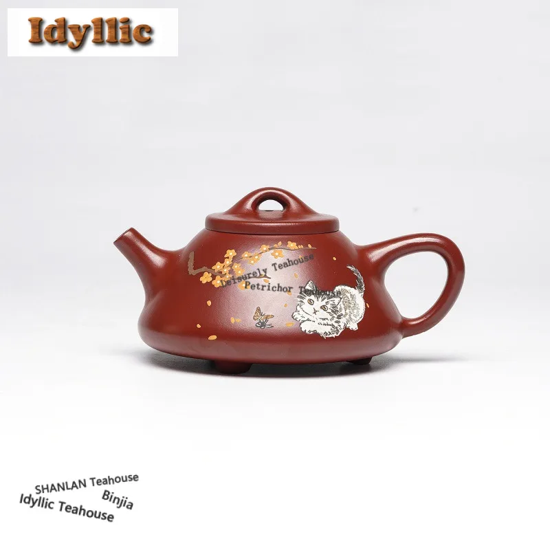 

210 мл Роскошные фиолетовые глиняные чайники Исин ручной работы с котенком, каменная ложка, горшок, сырая руда, грязевой чайник Дахунпао, китайский чайный сервиз Цзыша, подарок