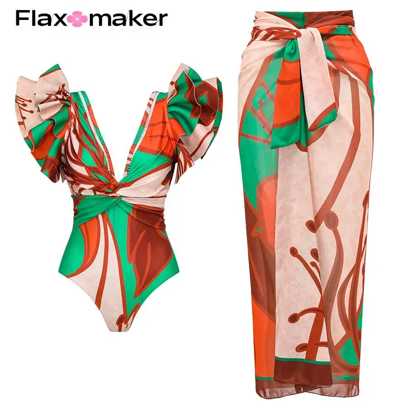 

FLAXMAKER V Neck Ruffle Pattern Print One Piece Swimsuit and Skirt Summer Swimwear Women Beachwear Bathiing suit