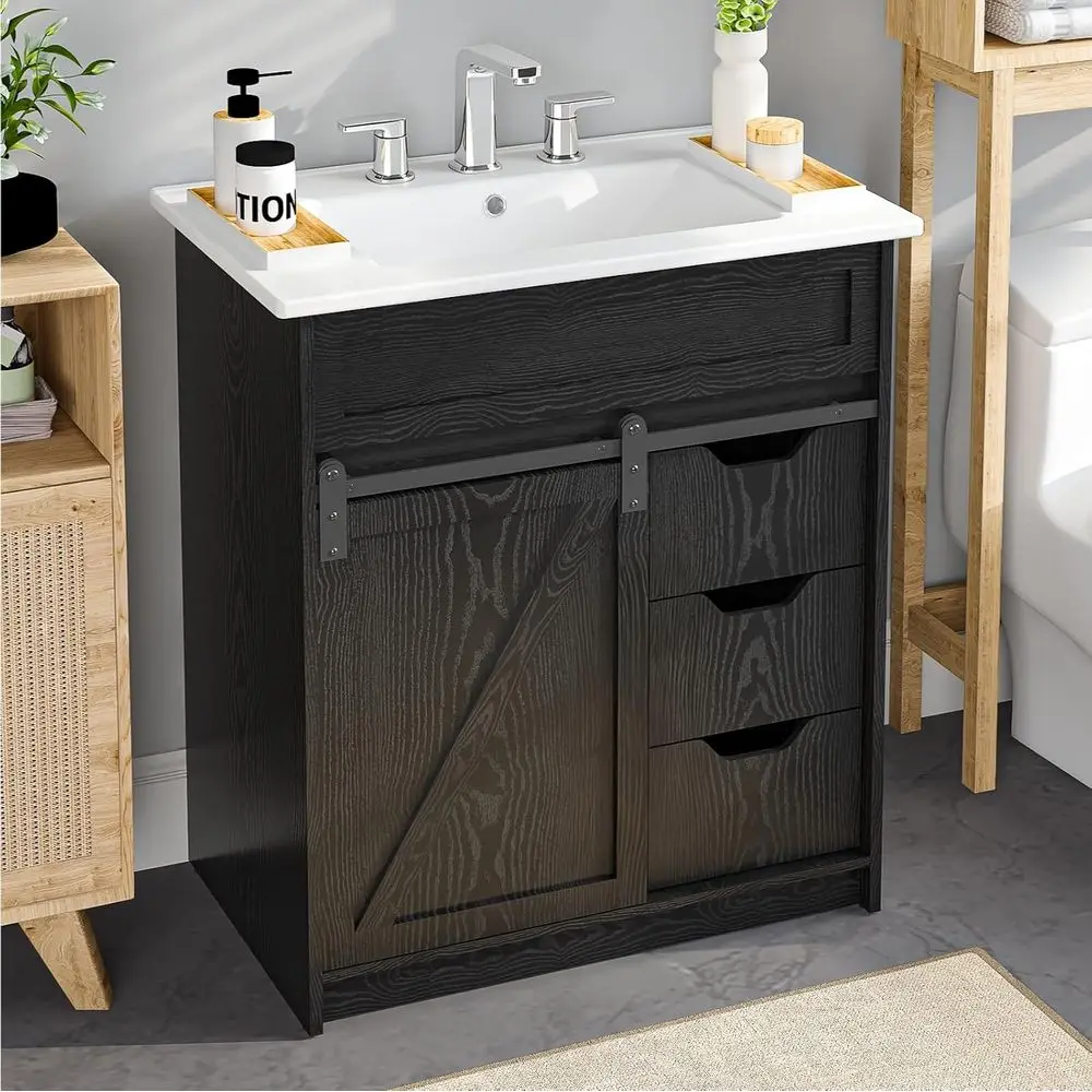 

30 Black Freestanding Bathroom Vanity with Sink, Sliding Barn Door Cabinet & 3 Drawers