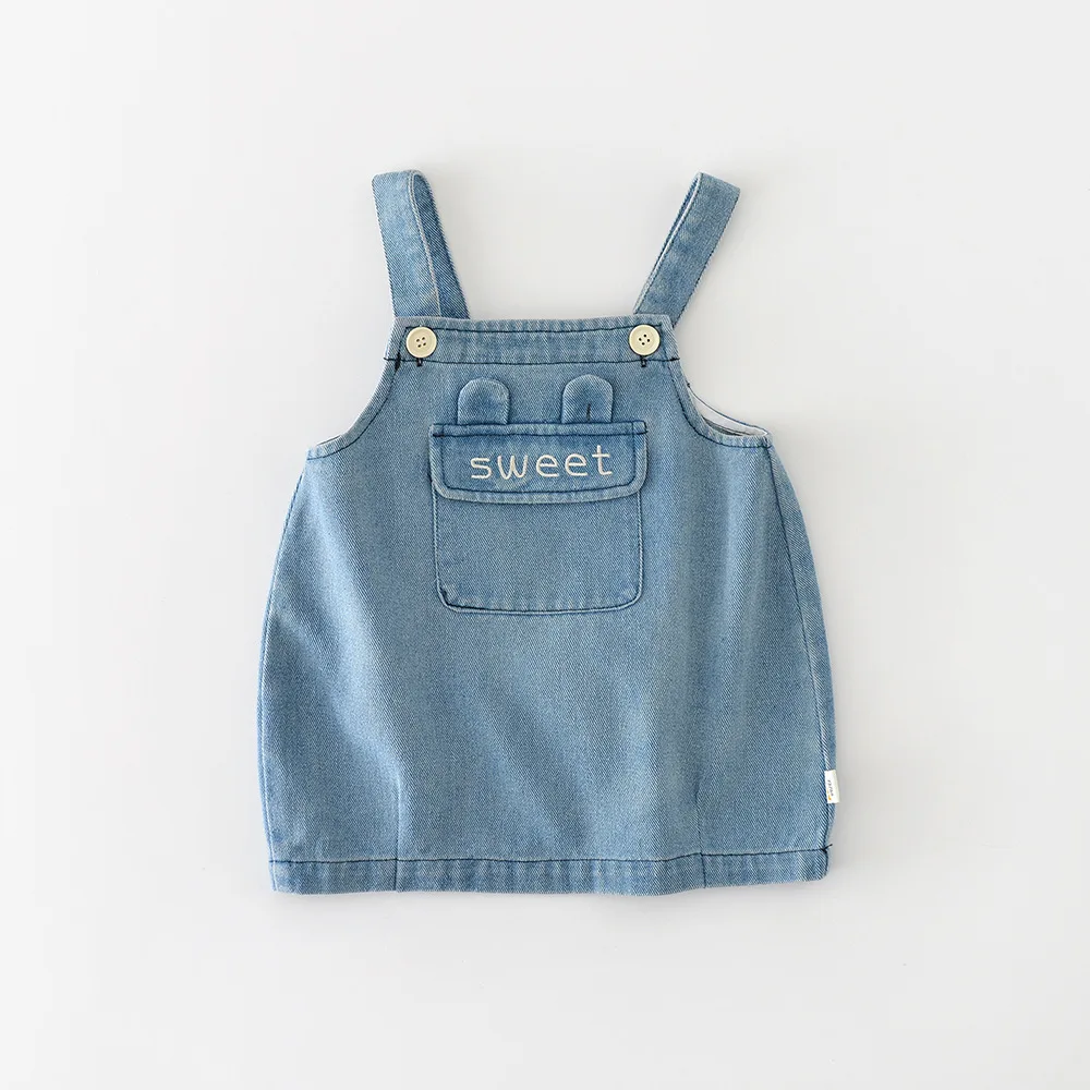 2025 Girls Baby Embroidery Letter Sleeveless Denim Suspenders Bodysuit Dress Newborn Solid Retro Infant Casual Onesie Dresses