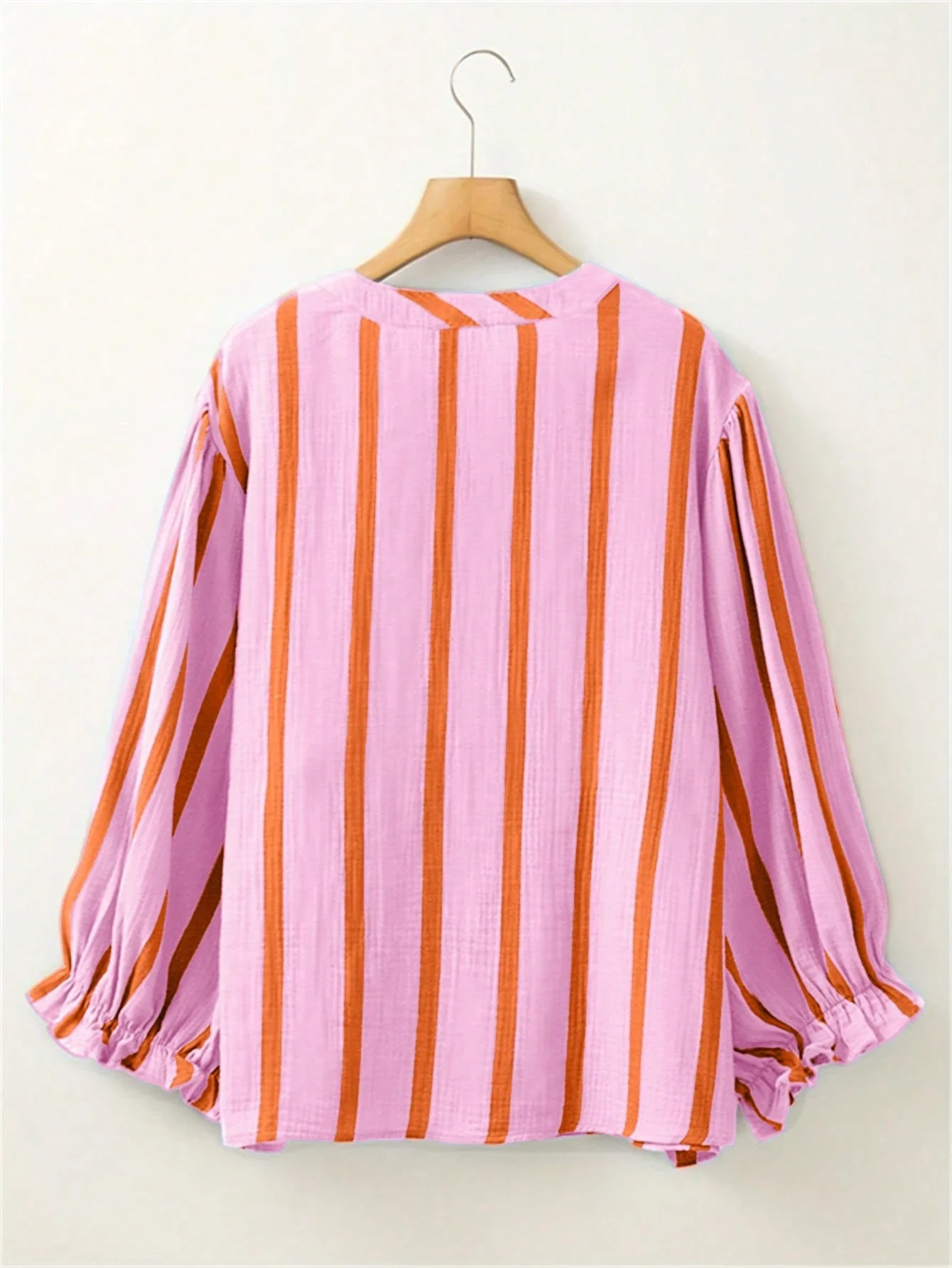 

Women's Casual V-Neck Ruffle Sleeve Striped Loose Blouse Spring Summer Autumn