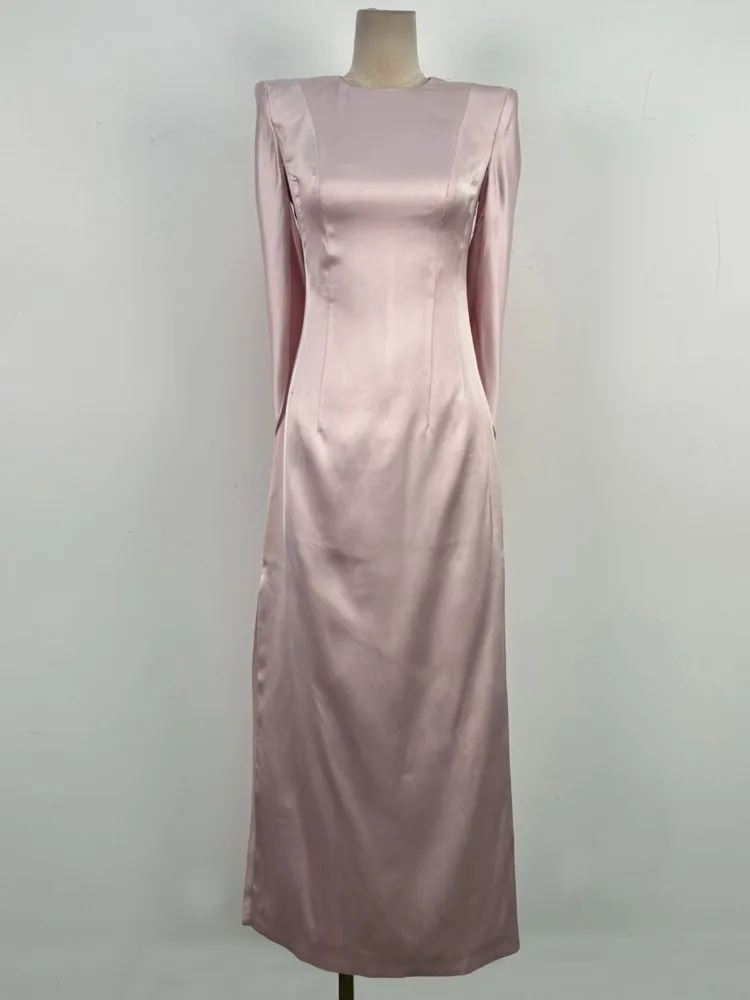 QMQA Mode dames elegante avond satijnen splitjurk eenvoudige effen kleur lange mouwen jurken 2025, nieuwe herfstkleding QM755