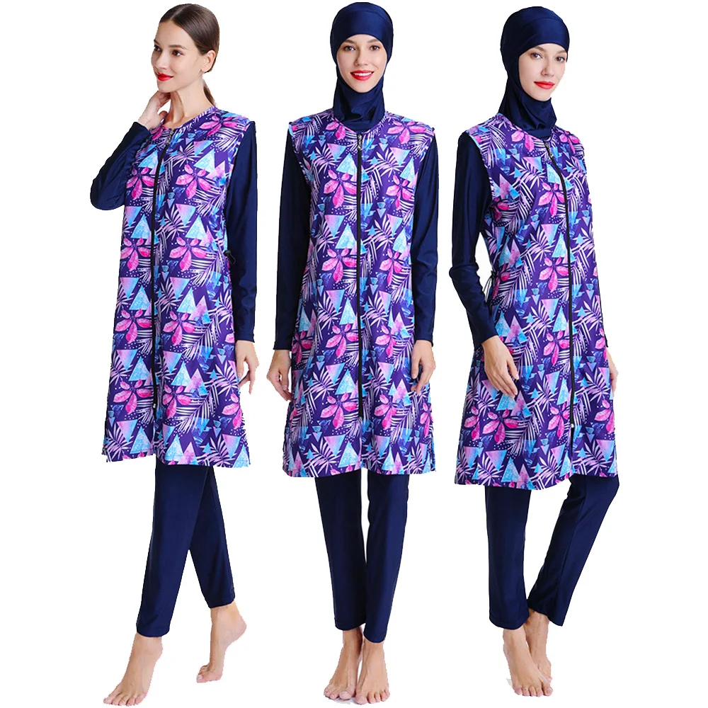 Burkini Purple Floral Swimsuit with Zipper Beachwear, All Cover, Beach Wear with Cap, Arabian Women\'s Swimwear, New, S-3XL, 3Pcs