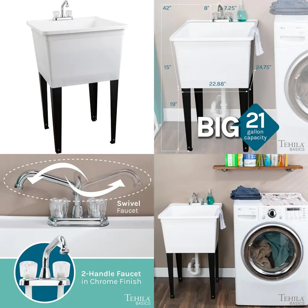 Robustes, 21 Gallonen weißes, freistehendes Spülbecken mit Chrom-Wasserhahn und zwei Griffen für den langlebigen Heimgebrauch