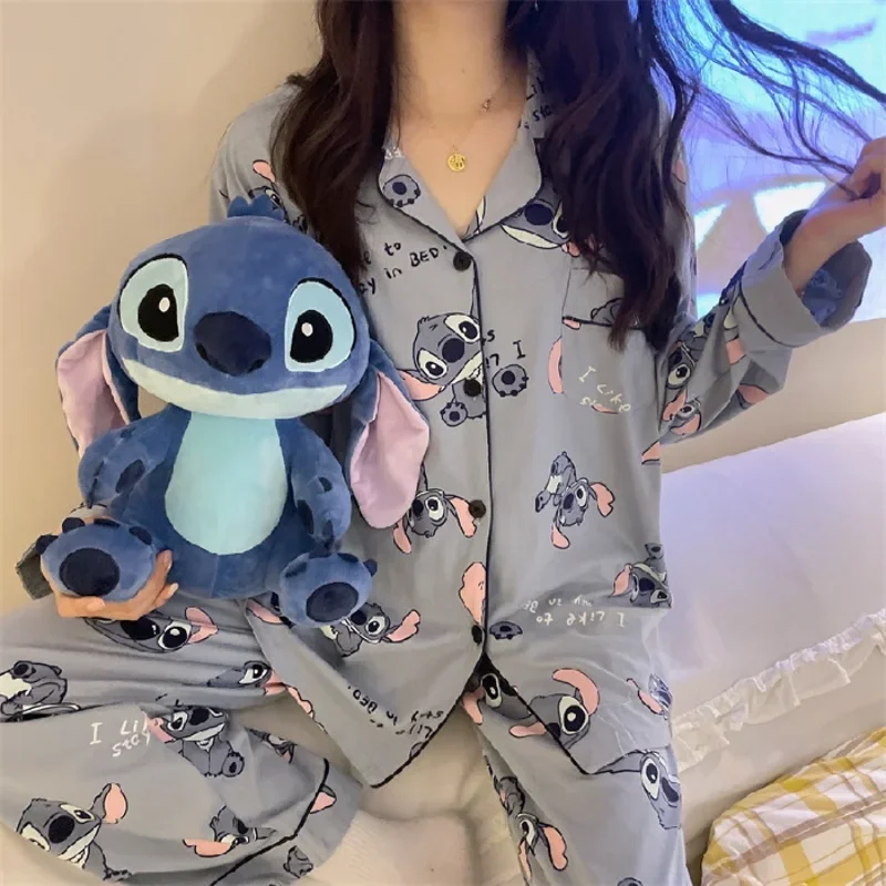 Disney Stitch spring and autumn new pajamas female cute cartoon loose imitation cotton sweet outside loungewear set