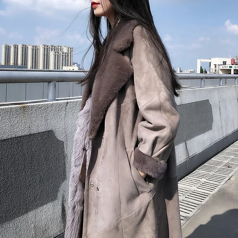 Real Fur Coat Women Winter Natural Goat Fur Coats Femme Mink Fur Collar Long Coat Nine Points Sleeve Jacket Winterjas Dames 2024