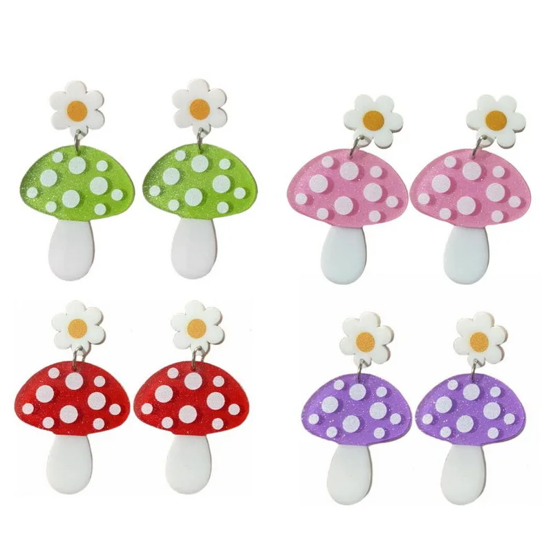 

Cute and beautiful colorful mushroom acrylic fun earrings blingbling cartoon mushroom girls love beautiful earrings