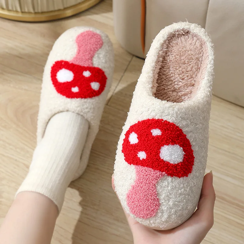 Cute Mushroom Pattern Indoor Slippers for Women Casual Soft Plush Warm House Shoes Woman Comfortable Winter Slippers Plus Size