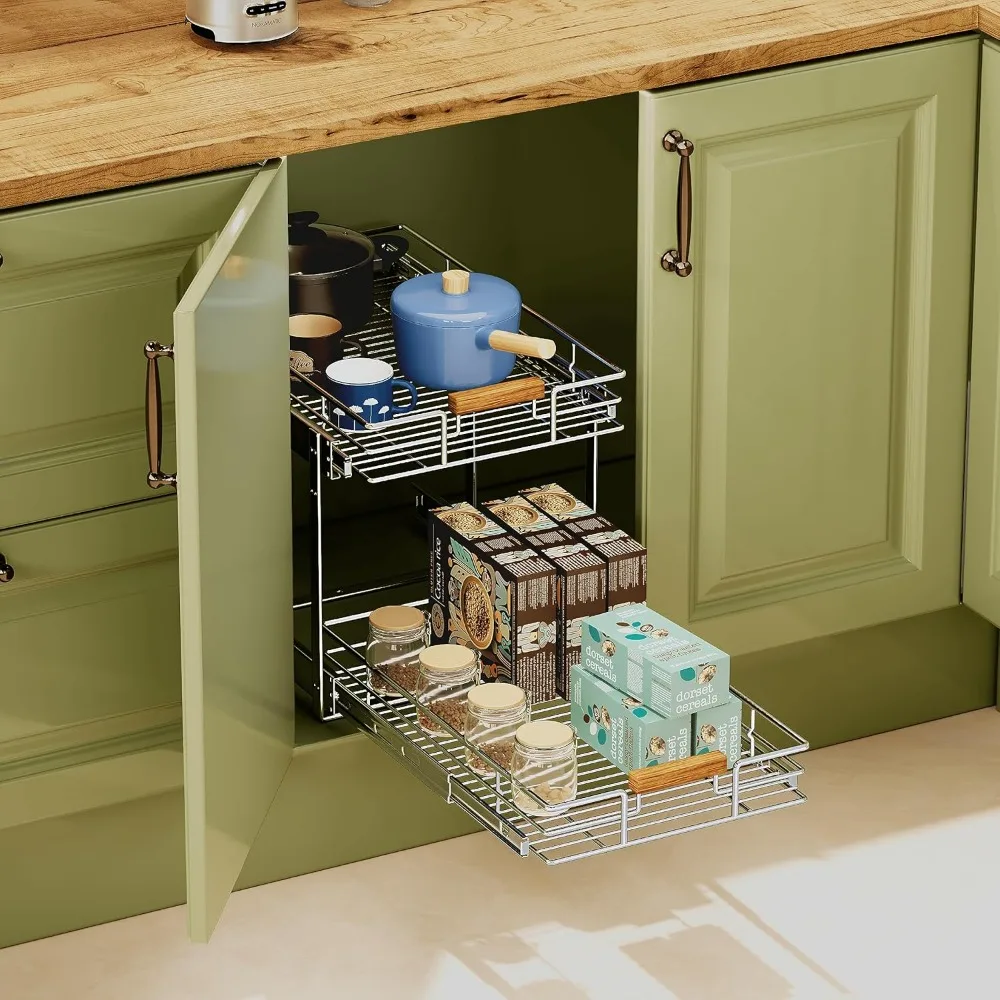 منظم خزانة قابل للسحب (11 بوصة عرض × 21 بوصة عمق)، سلة سلكية من طبقتين، رف تخزين منزلق مع مقبض خشبي، أدراج رف سحب لـ 1 #6