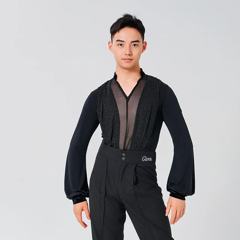 Men's Latin Dance Shirt Black Long Sleeve V-neck Top Man Ballroom Tango Performance Shirt ChaCha Latin Taining Clothes VDL2736