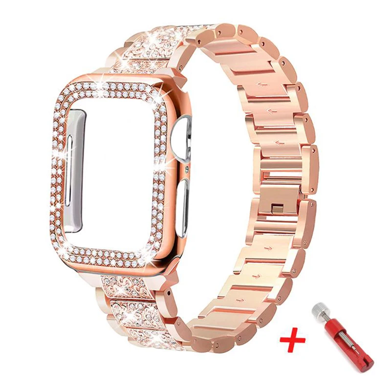 

Diamond Case+strap For iwatch band 42mm 38mm Stainless Steel bracelet correa case+for apple watch band band 5 4 3 SE 6