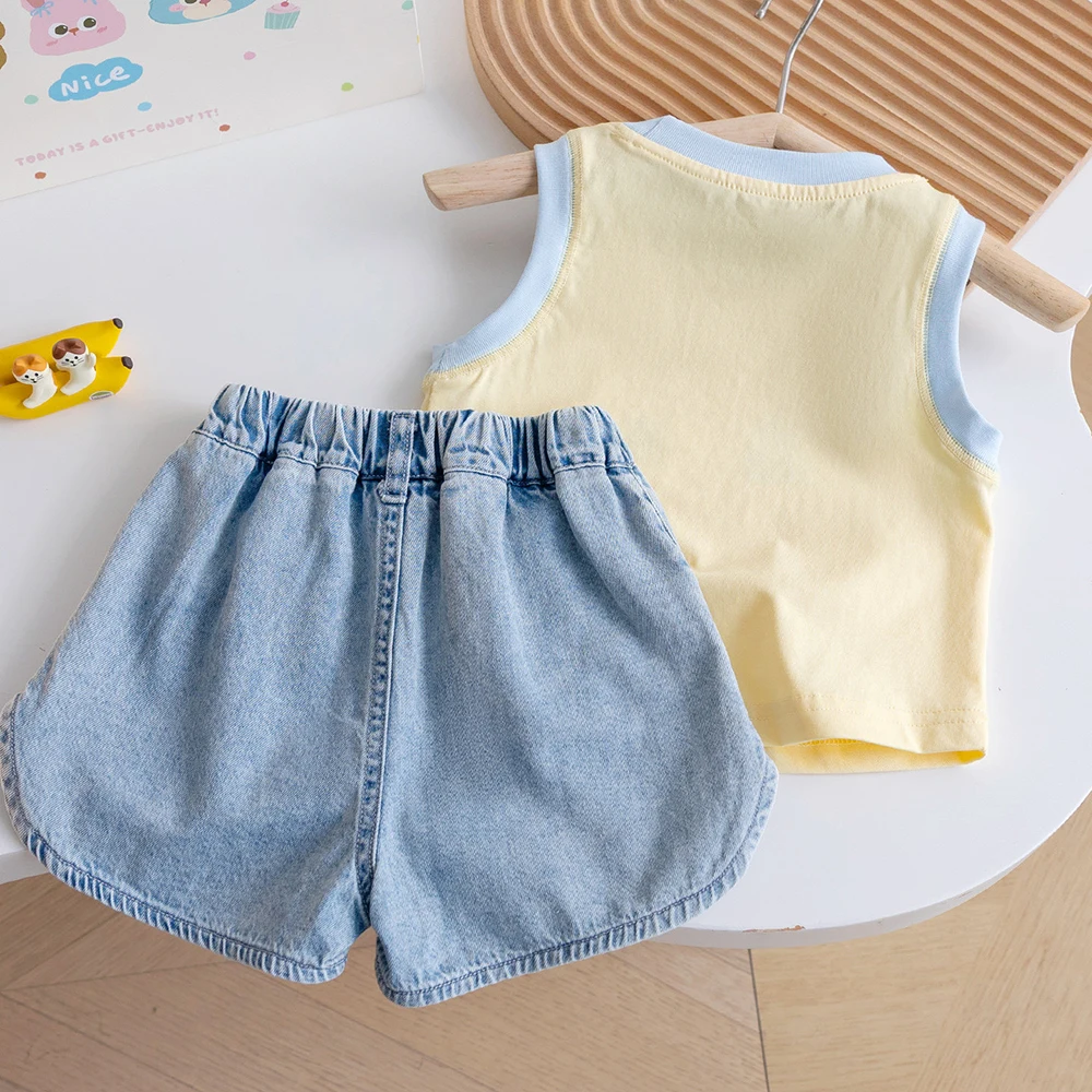Baby Girls Cartoon Sleeveless Tank Top+Star Denim Shorts 2Pcs Summer Children Clothes Sets Kids Vest T-shirt Hot Pants Outfit