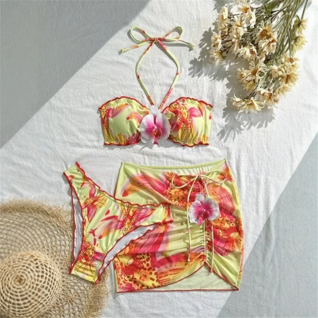 S - XL 3D-Blumen mit Rock, Neckholder-Bikini, dreiteiliges Bikini-Set, Damen-Badeanzug, Badebekleidung, Damen-Badebekleidung, Bather Swim V7324 – Detail 2