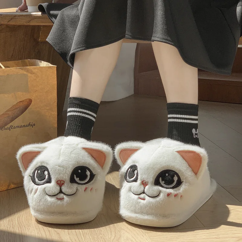 

New fuzzy big eyes kitty slides shoes for women 2024 winter cute cat slippers woman indoor floor shoes ladies furry slides mules