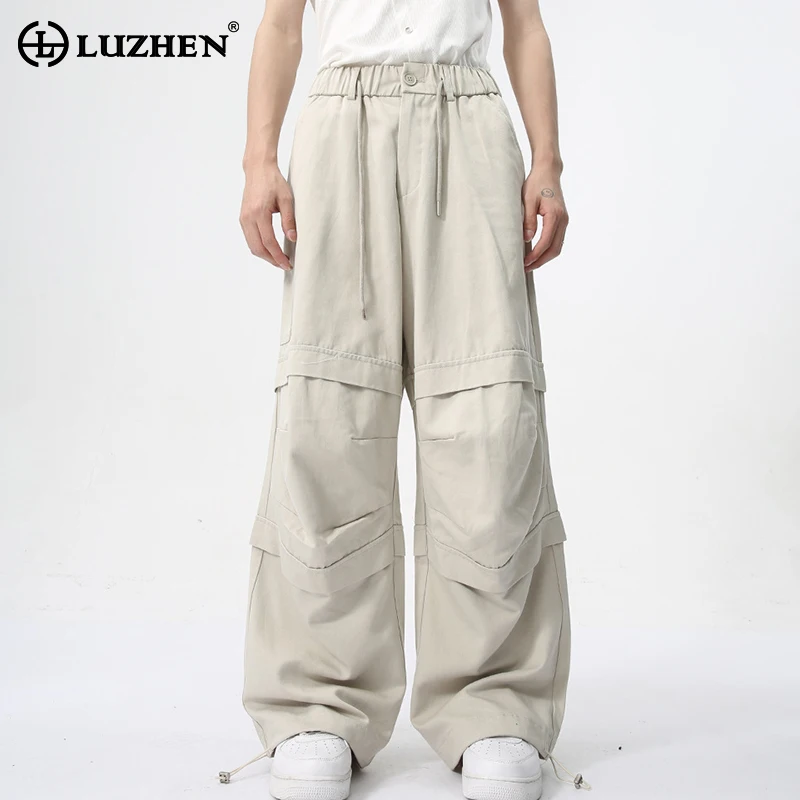 

LUZHEN Drawstring Decorate Splicing Design Trendy Straight Pants Fashion Street Plain Korean New Men's Wide Leg Trousers LZ3586