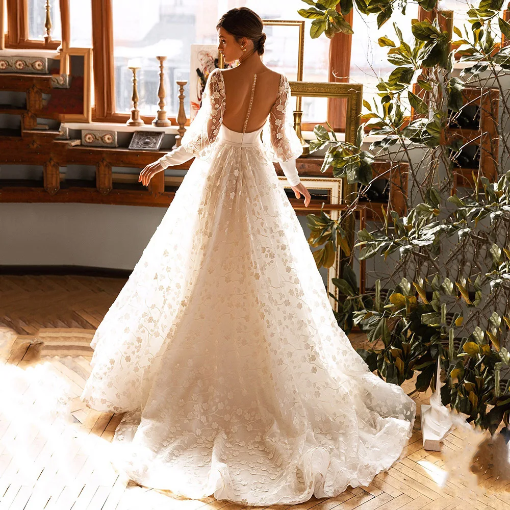 Beauteous Sheer O Neck Wedding Dress Full Body Flower Lace Applique Bridal Gown Long Puffy Sleeves customized Vestidos De Novia