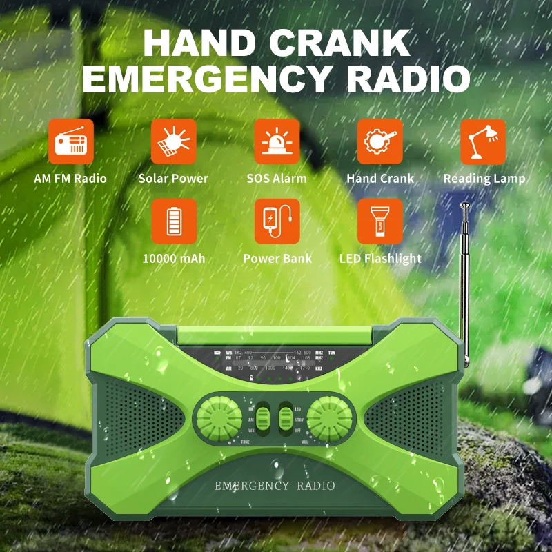 Emergency Flashlight Torch Solar Panel Power Bank Rechargeable Radio Hand Crank 10000mAh AM/FM/NOAA Weather Radios Home Outdoors