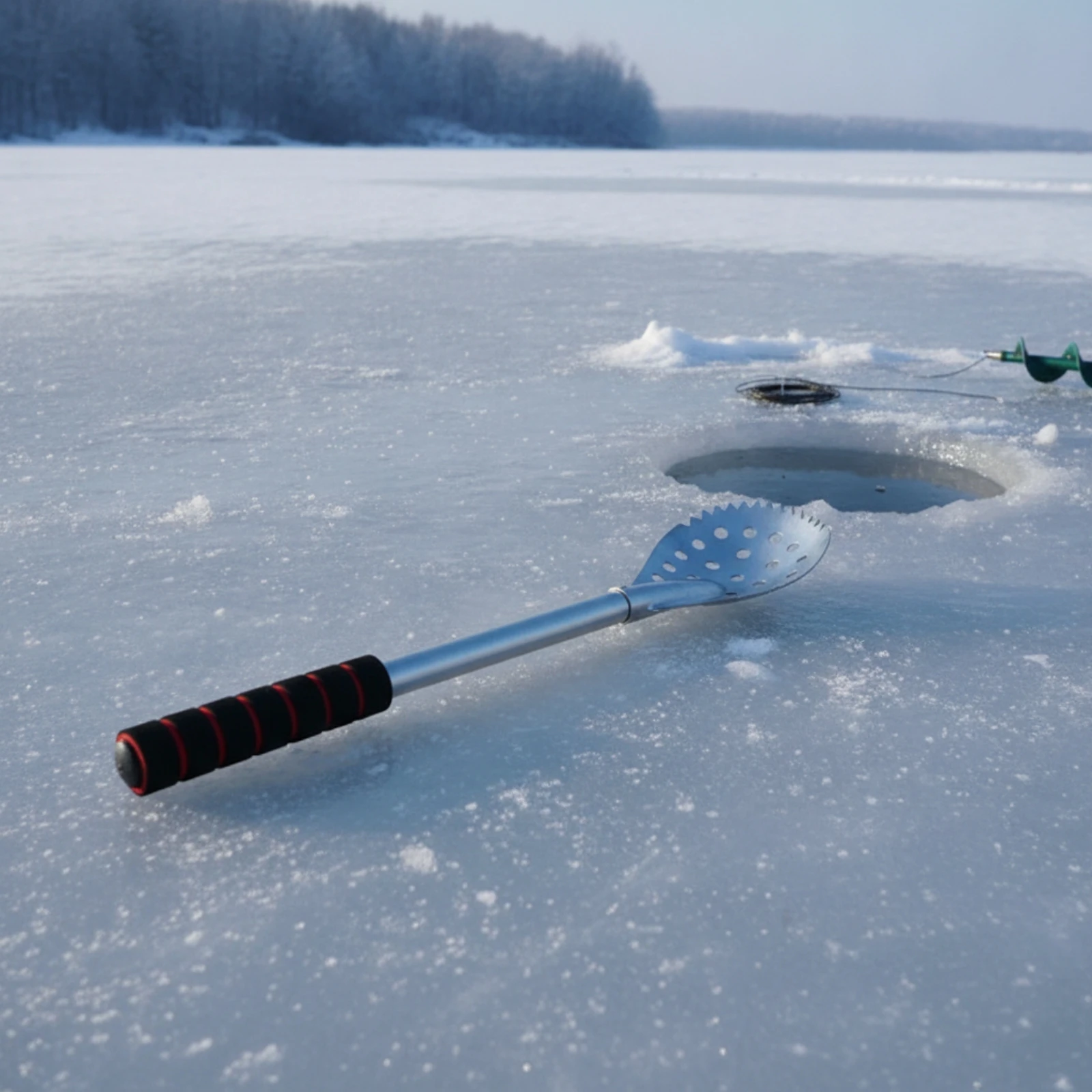 Ice-Fishing Skimmer with Serrated Edge Efficient Stainless-Steel Ice Scoop with Perforated Head Portable Easy to Carry