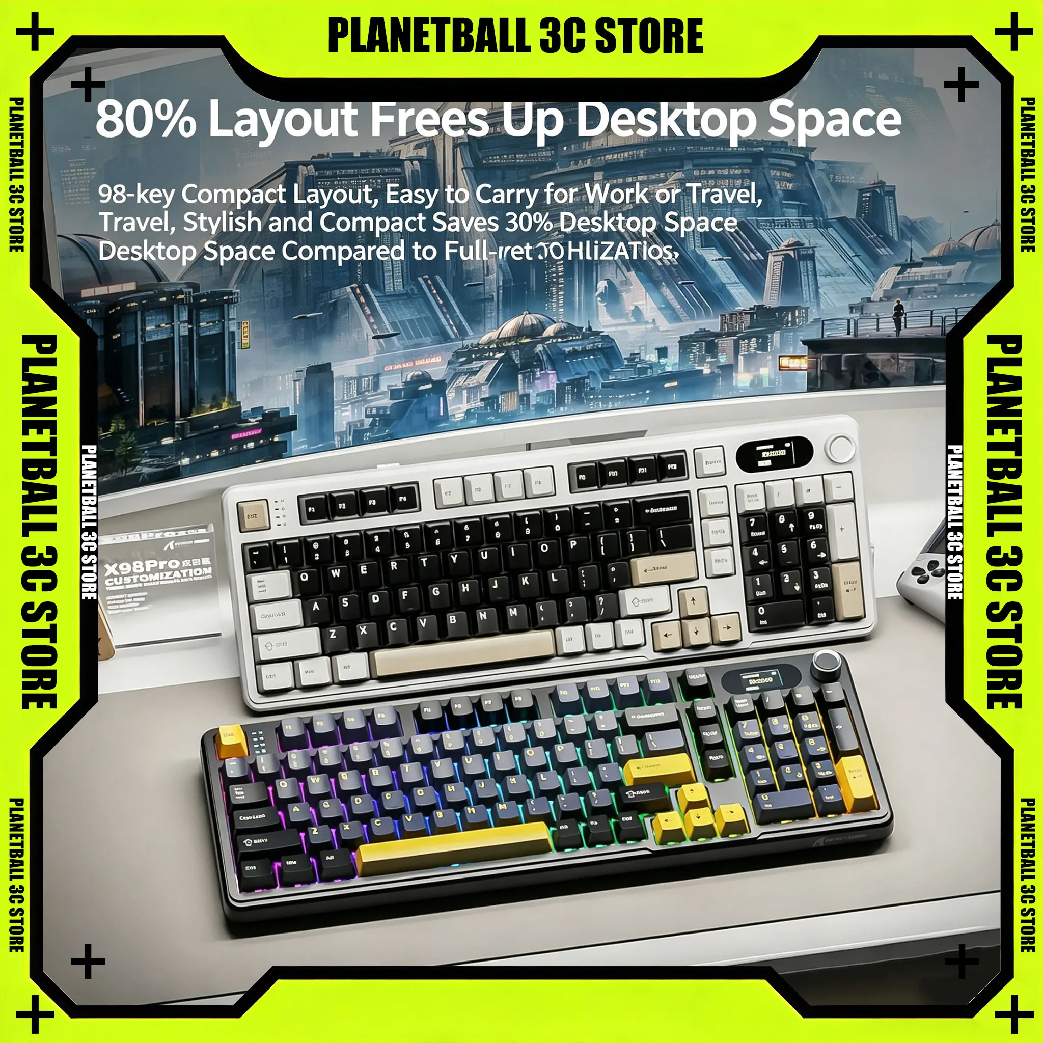 4000mAh Large Battery X98 Pro Attack Shark Keyboard｜80% Layout, Hot-Swap Gasket, 3-Mode BT/2.4G RGB TFT Display