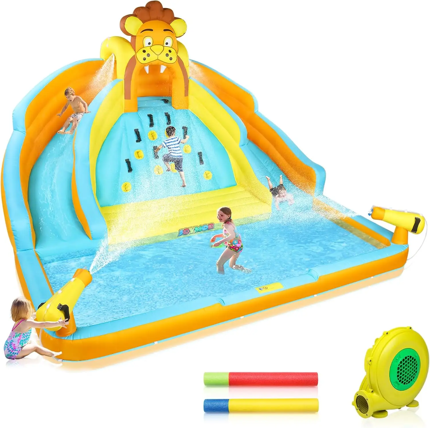 7-in-1 Inflatable Water Slides for Kids Backyard w/2 Slides, Large Climbing Wall, Water Cannons, Sprinklers, 30s Blow Up Water S