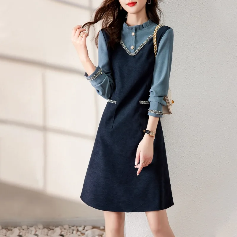 

2024 New Fashionable and Stylish, Versatile and Slim, Elegant Commuting Contrast Color Pullover Dress for Women's Mid Length