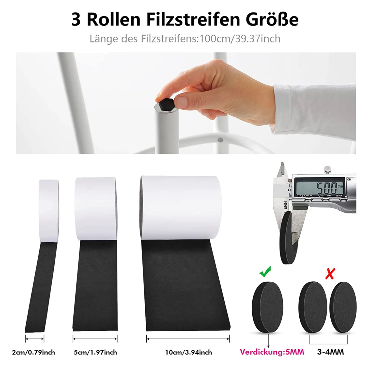 Deslizadores de fieltro autoadhesivos, 3 rollos de deslizadores de fieltro (100x10 cm + 100x5 cm + 100x2 cm),5mm, para Sillas