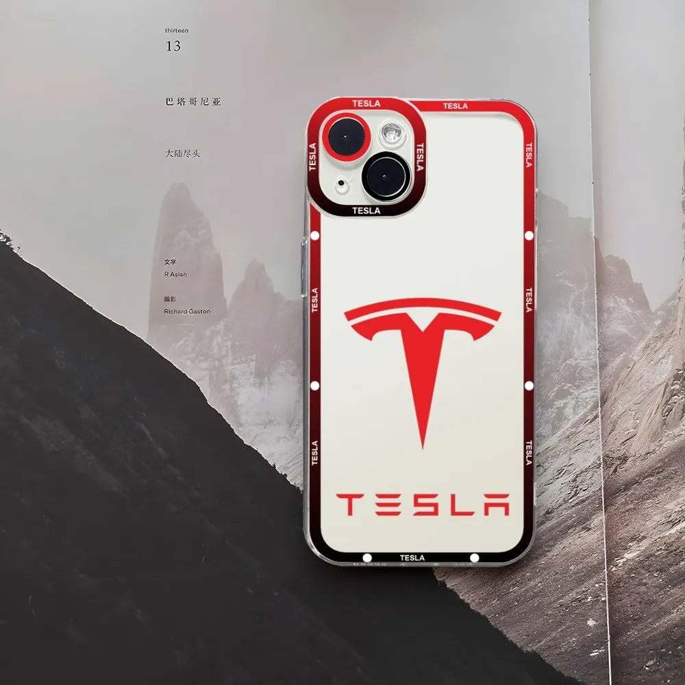 T-TeslaS Car Logo Phone Case for iPhone 15 15ProMax 13 14 12 11 Pro Max Mini Angel Eyes Soft Transparent Cover