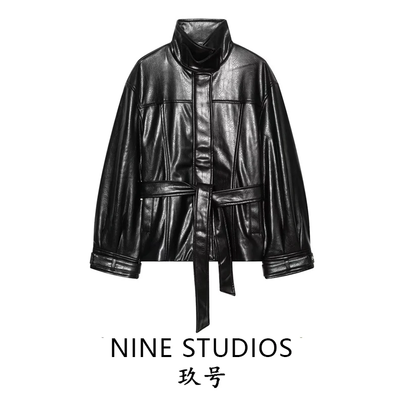 NINE ZAR Women's PU Leather Jacket with Belt Stand Collar Coated Long Sleeve Zipper Closure Regular Fit Spring Fashion