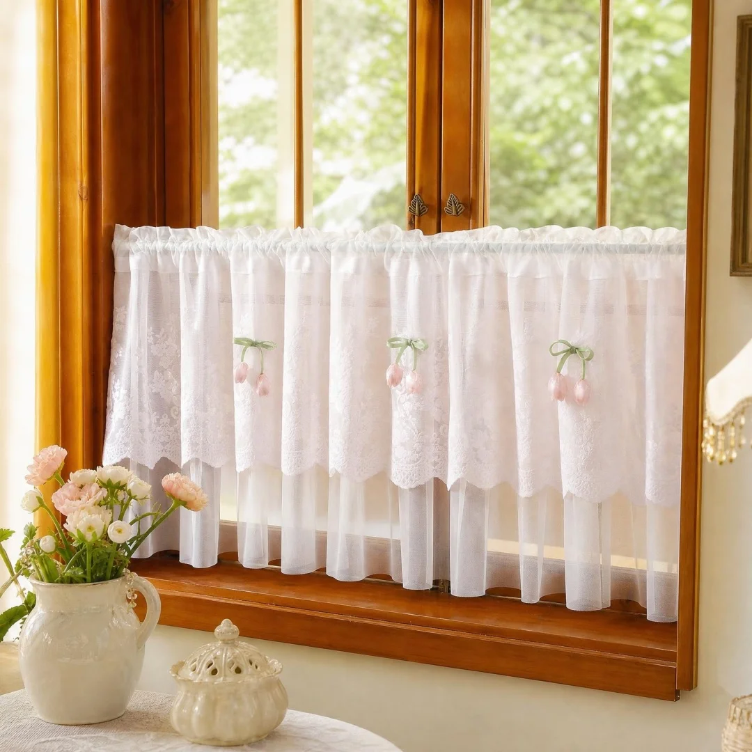 Pastoral embroidery flower lace window screen curtain coffee curtain short curtain semi-curtain gauze curtain restaurant