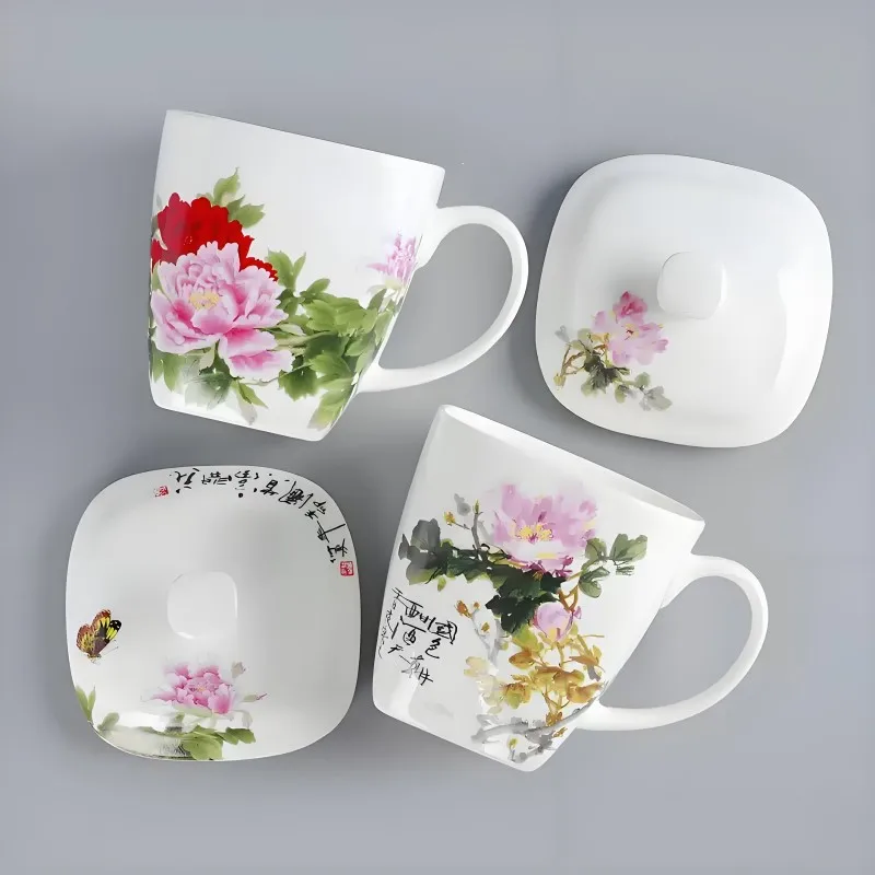 500ML, Bone china tumbler, ceramic wake up cup with lid, Chinese design, coffee mug, thermo mug for office, porcelain drinkware