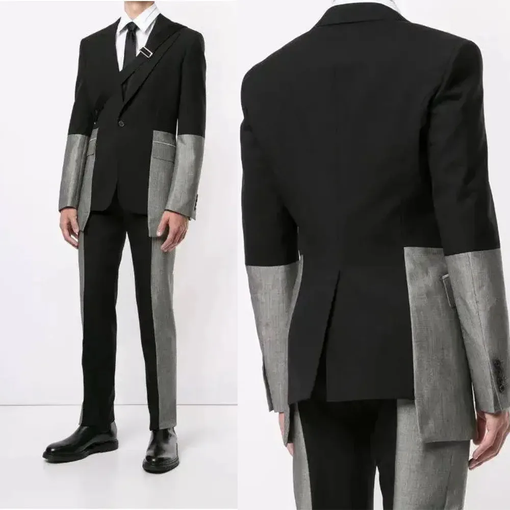 Luxury Black Grey Asymmetrical Blazer Suit with Metal Strap Detail and Color Block Trousers Men Customized M265595