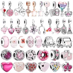 Original 925 Sterling Silver Pink Animal Car Heart Murano Lucite Charms Beads for Pandora DIY Bracelet Women Jewellery Gift