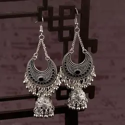 Ethnic Silver Color Indian Jhumka Gypsy Jewelry Boho Geometric Lantern Tassel Oxidized Earrings Women's Afghan Hanging Earrings