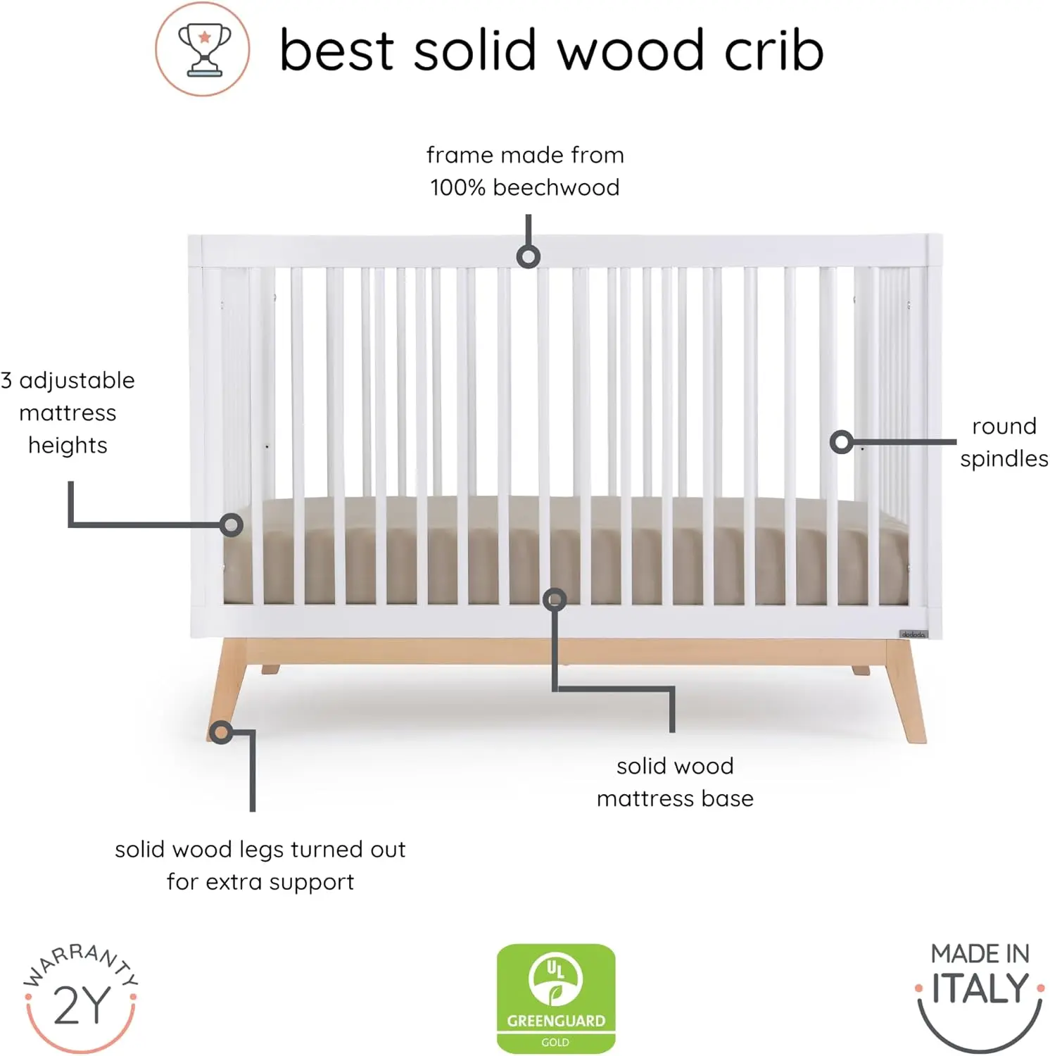 Baby Soho 3-in-1 Convertible Crib – Made in Italy, GREENGUARD Gold, Adjustable Mattress Height, Solid Beechwood Baby-Safe Finish