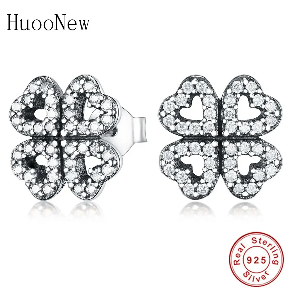 HuooNew 925 Sterling Silver Four-leaf Heart Clover Flower Zirconia Crystal Stone Stud Earrings Women Women's Female Brincos 2018