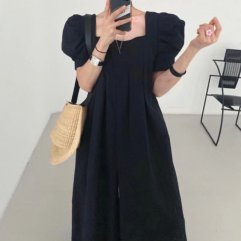 

Chic Summer Sweet Square Collar Pleated Design Bubble Sve Loose Straight Cut Jumpsuit Long Pants Women's Faion High Wais...