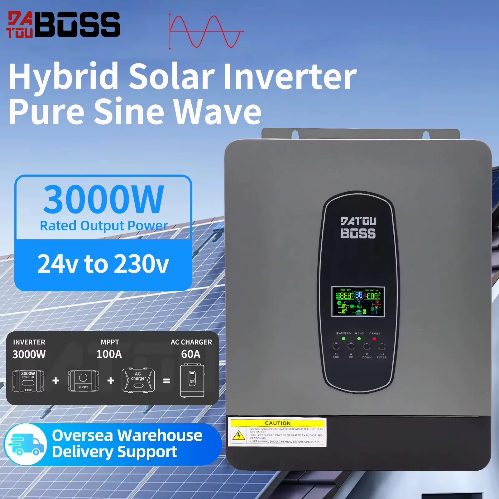 

DATOUBOSS Solar Hybrid Inverter 24V Power Supply 3000W Output 220-240V Pure Sine Wave Band MPPT Battery Charging Pure Sine Wave