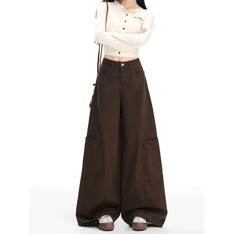 جينز واسع الساق للنساء بني قهوة فضفاض كسول ملابس العمل بنمط مريح #5