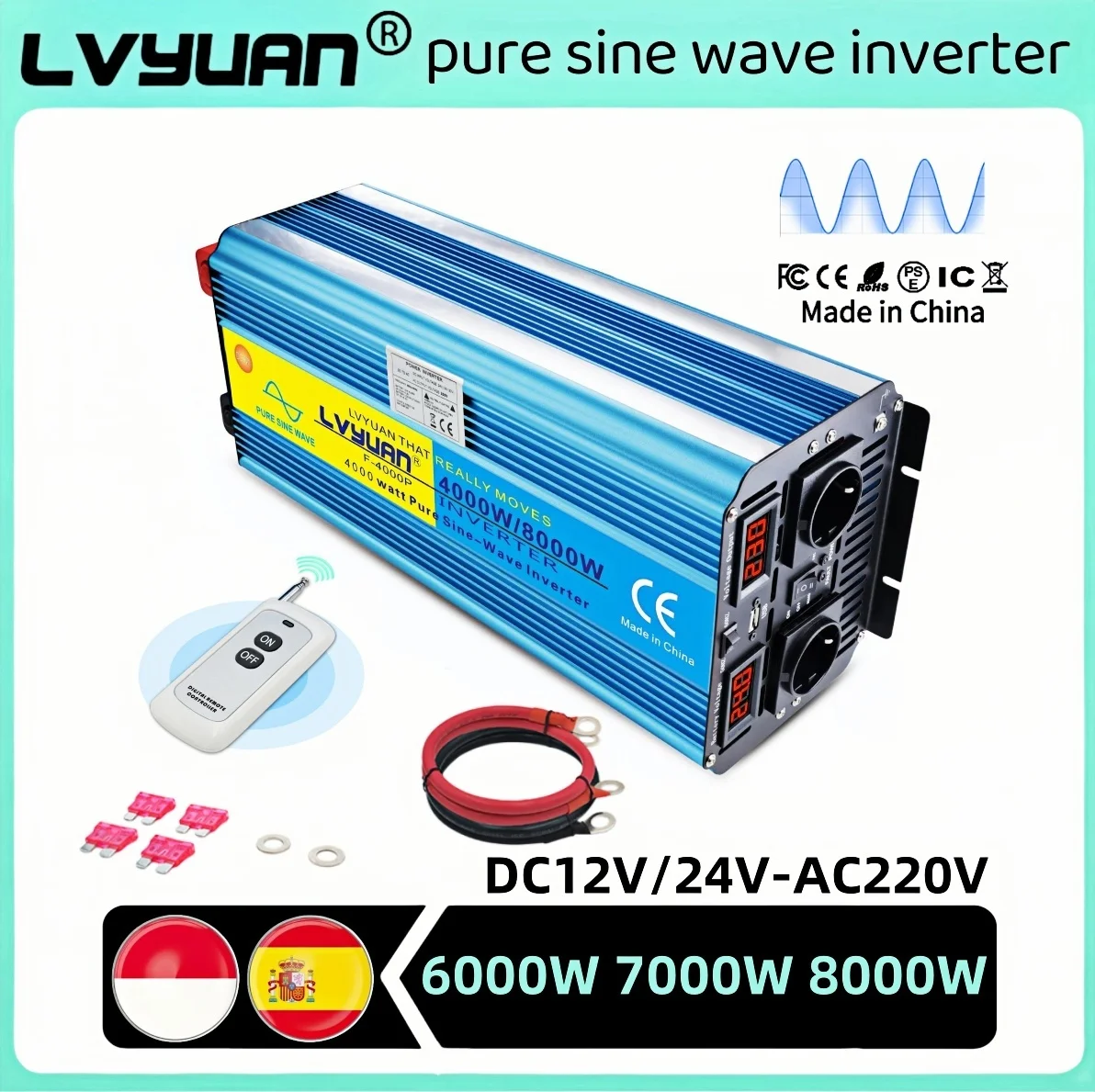 4000W-8000W LVYUAN Inverter Pure Sine Wave DC12V/24V to AC220V 230V Solar Power System Inversor Camping/RV Travel Auto Converter