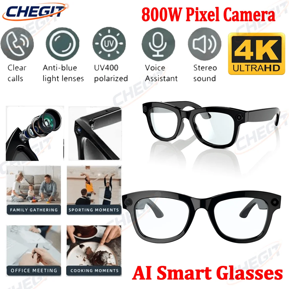 

2 в 1 4K умные очки с искусственным интеллектом, 800 Вт, камера для съемки с искусственным интеллектом, HD фото, видео, голосовой перевод, водонепроницаемые Bluetooth-очки с искусственным интеллектом