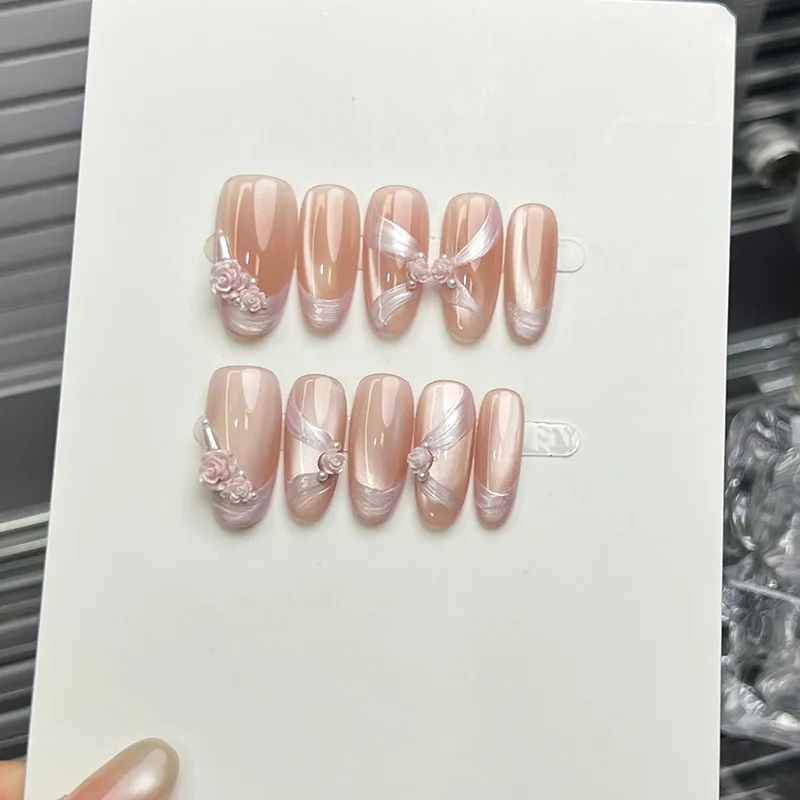 

10Pcs Nude Almond Handmade Fake Nails Ribbon French 3D Flower Design Press on False Nails with Cat's Eye Wearable Manicure Tips