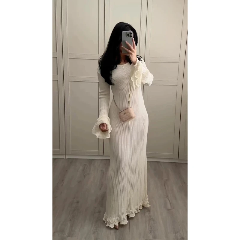 2024 Autumn and Winter New Women's Clothing Express Sale Popular Pleated Wavy Edge Backless Long-sleeved Dress