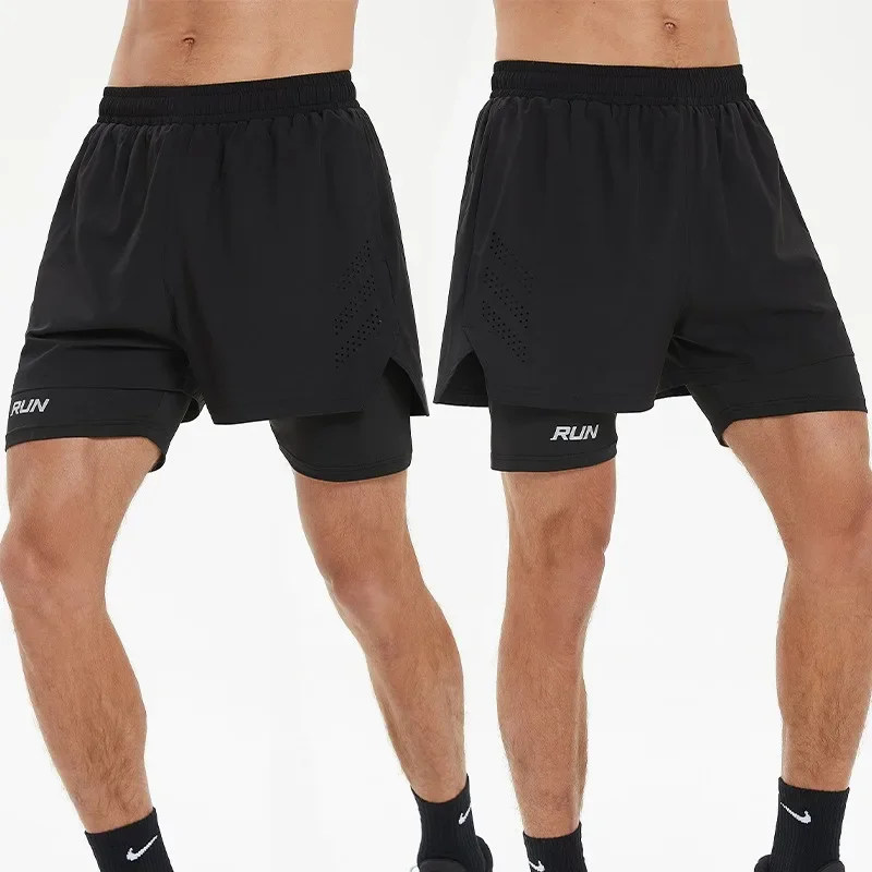 Men 2 in 1 Multi-Pocket Shorts Fitness Workout Lined Tight Short Race Marathon Sweatpants Quick Dry Breathable Scanties Running