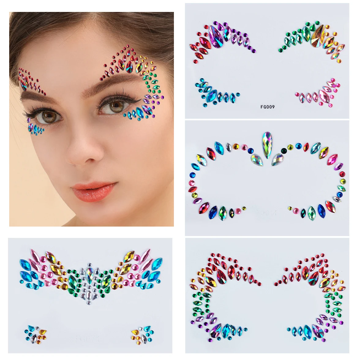 Pegatinas faciales de cristal 3D brillantes de colores para fiesta, decoraciones de Festival de música, pegatinas de taladro acrílico, pegatinas de