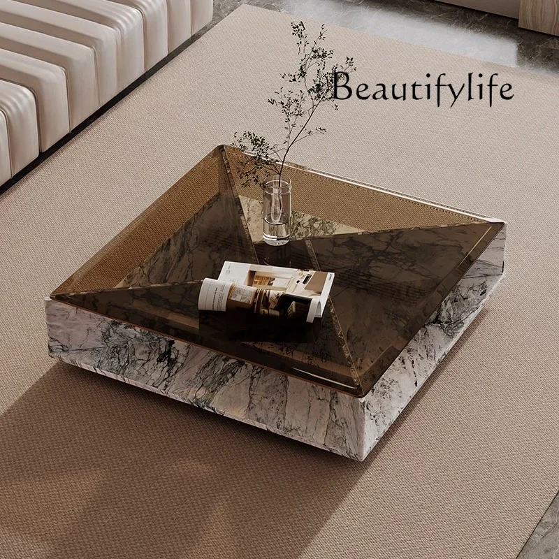 A Square Natural Marble Coffee Table Square Tempered Glass Small Apartment Household Suspension Minimalist Light Luxury