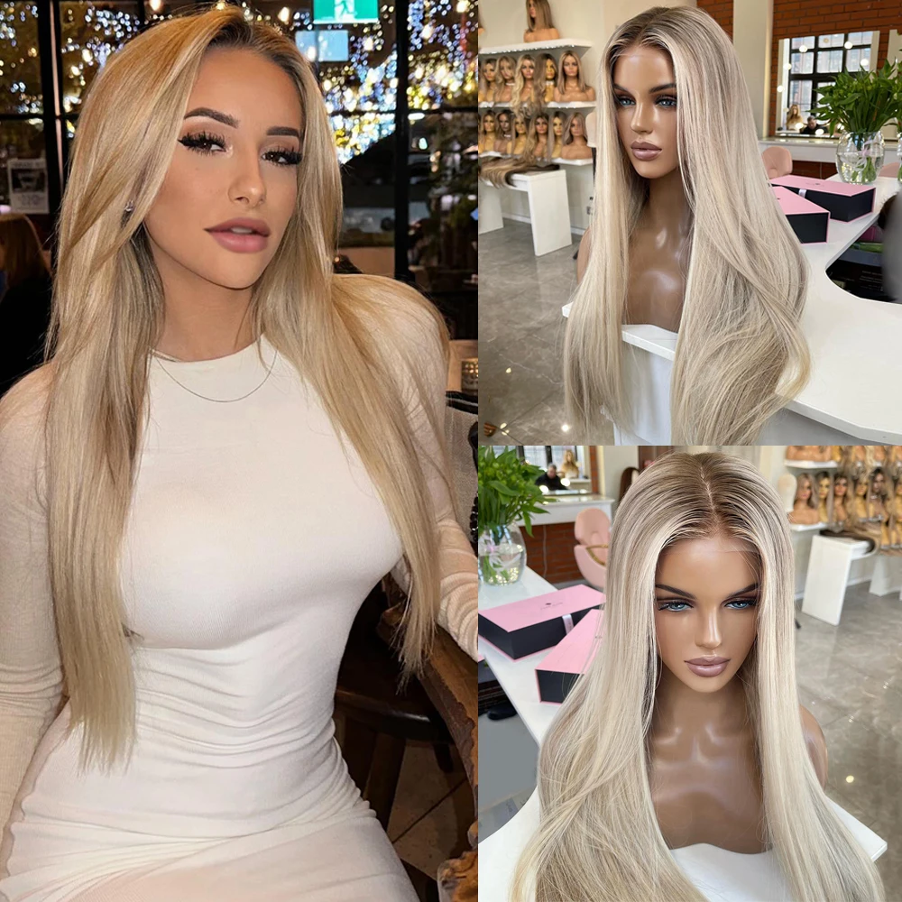 Cream Blonde Balayage 13x4 Lace Front 100% Human Hair Wig  Beleached Knots Transparent Ombre Colored Frontal Wigs Straight