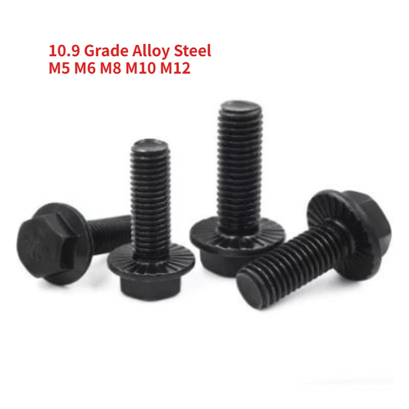 M5 M6 M8 M10 M12 10.9 Grade Alloy Steel Black Oxide Serrated Flange Hex Bolt External Hex Head Anti-Slip Screw with Washer
