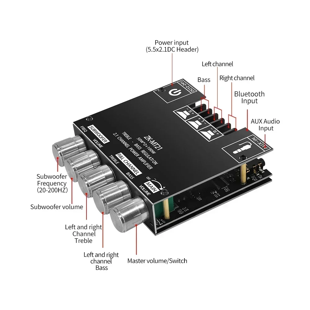 Placa amplificadora de som ZK-MT21 com módulo amplificador de áudio Bluetooth 2.1 canais Bluetooth 5.0 AUX para eletrônicos de consumo